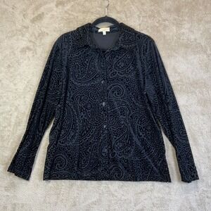 VTG Sheer Black Burnout Velvet Button Shirt Sz L Goth Punk Whimsigoth Grunge EUC